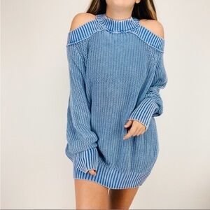 Free People Blue Half Moon‎ Bay Cut Out Shoulder Pullover Knit Cotton Sweater